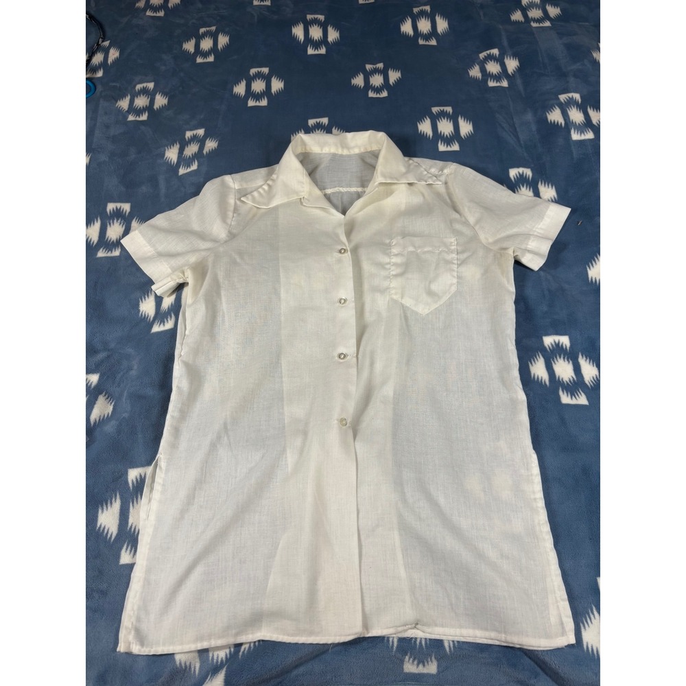 Vintage White Short Sleeve Linen Button Down Shirt Coastal Minimalist Pocket